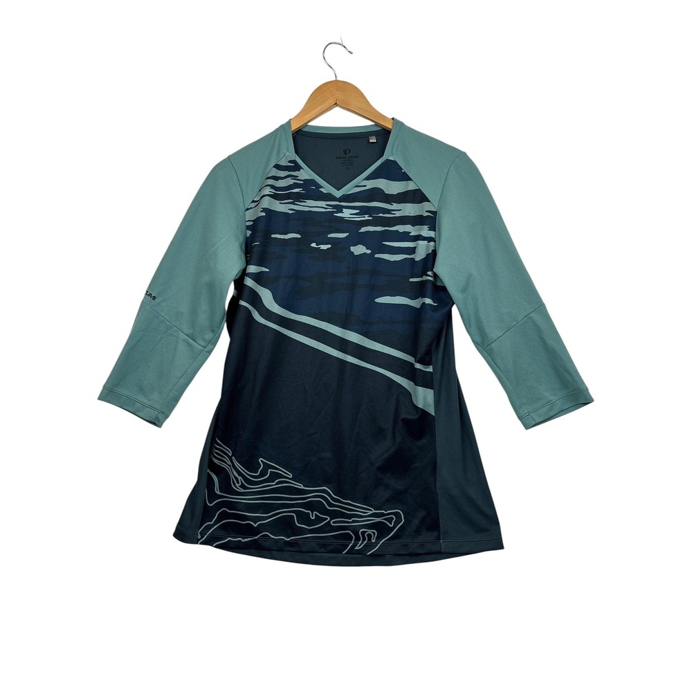 Pearl Izumi Womens XL MTB Cycling Jersey 3/4 Sleeve Teal Navy Blue Graphic Mesh
